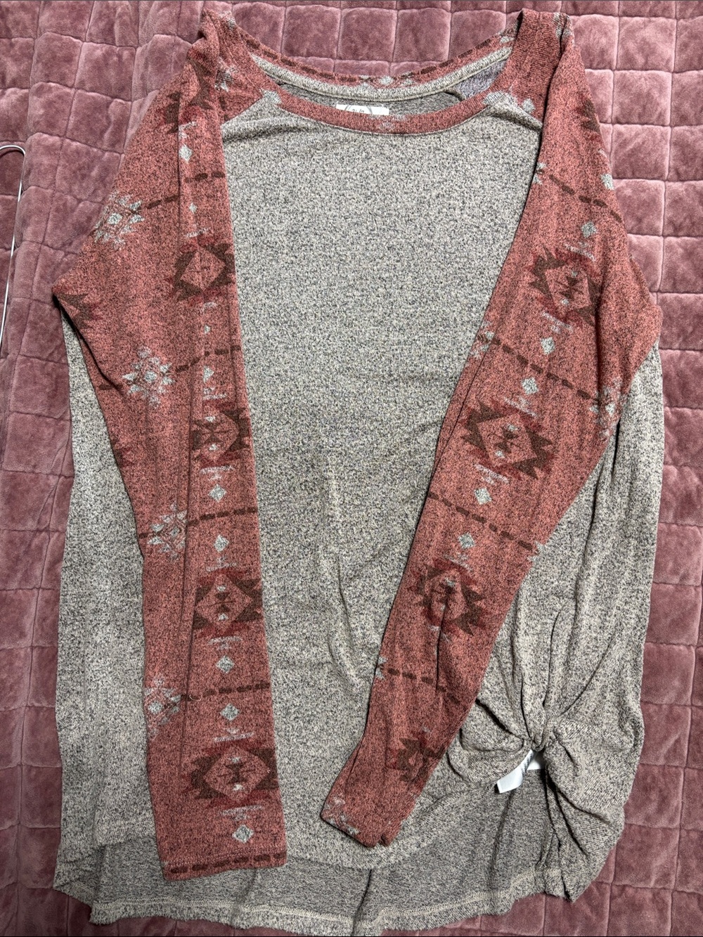 Maurices Two-Tone Aztec Sleeve Sweater - Rust and Heather Taupe